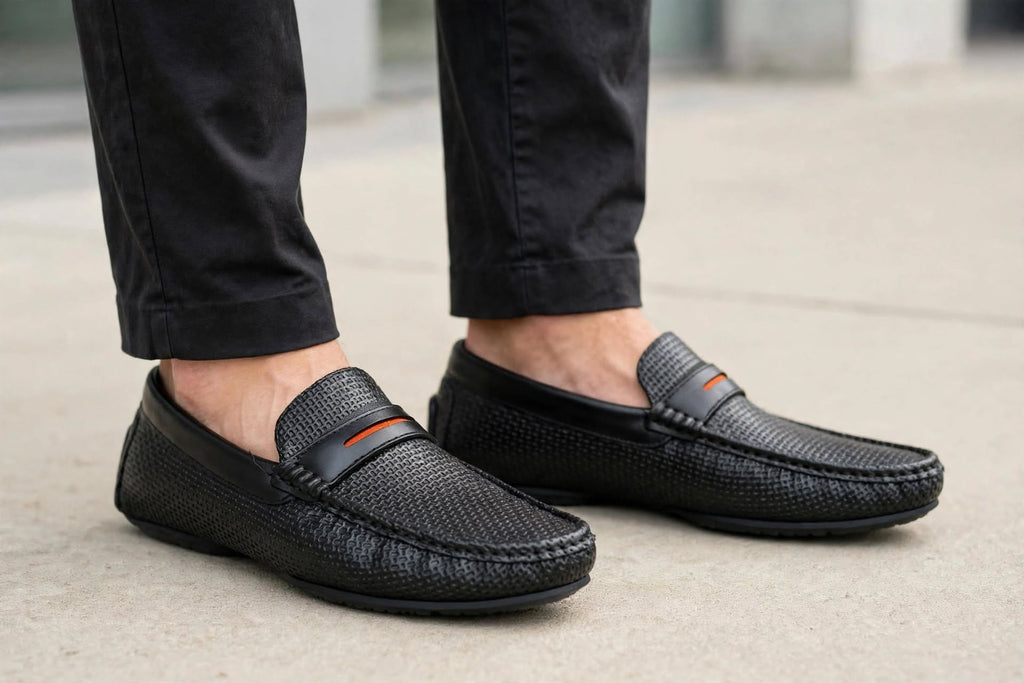 Abdullah's Sole Lounge - Woven Penny Loafer | Premium Textured Leather Loafer for Men | Black & Dark Chocolate Brown