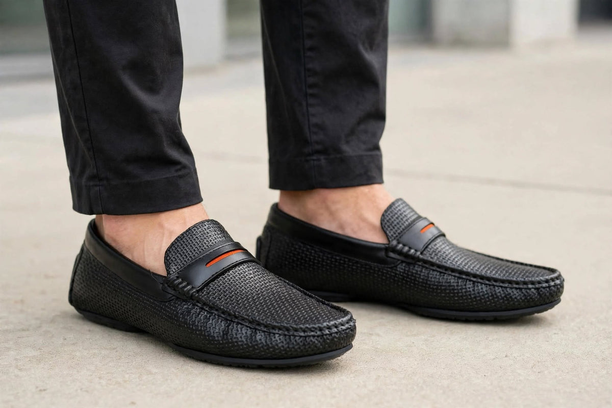 Abdullah's Sole Lounge - Woven Penny Loafer | Premium Textured Leather Loafer for Men | Black & Dark Chocolate Brown