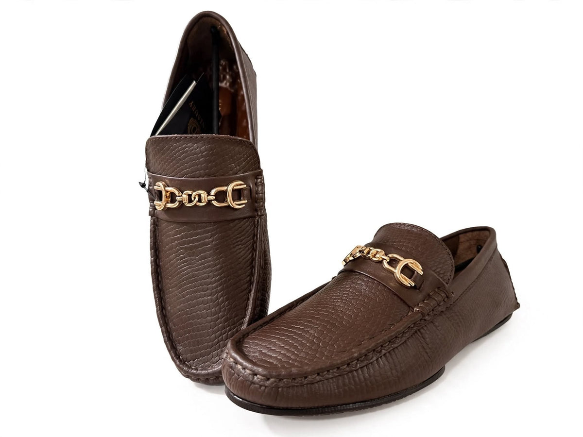 DUNEBURY - The Icon Brown Chain Loafer | Dune Texture with Gold Chain & Memory Foam