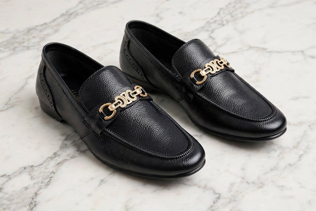 Black pebbled leather loafers with gold chain buckle-premium formal shoes for men