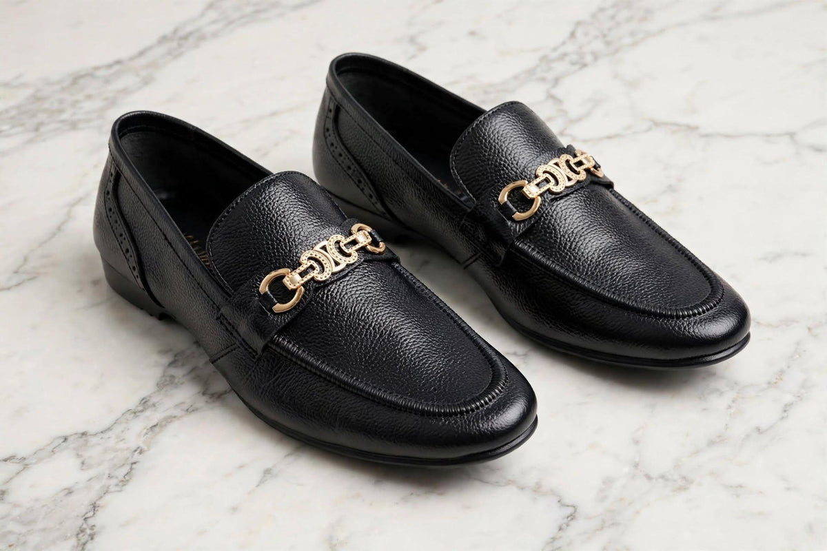 Black pebbled leather loafers with gold chain buckle-premium formal shoes for men