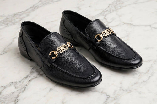 Black pebbled leather loafers with gold chain buckle-premium formal shoes for men