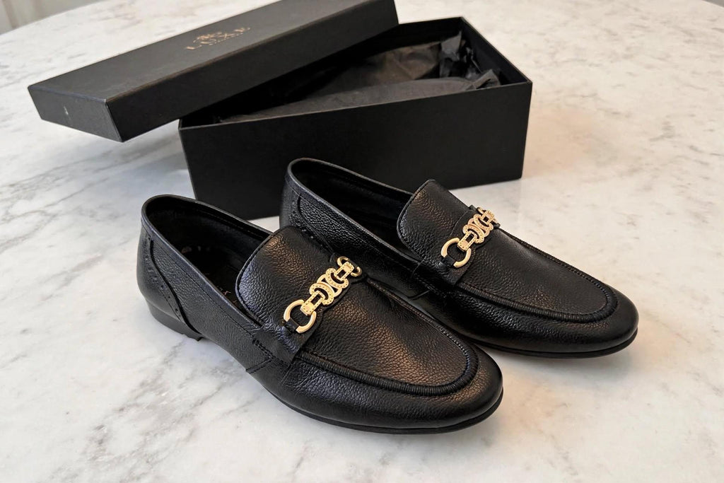 Black pebbled leather loafers with gold chain buckle-premium formal shoes for men