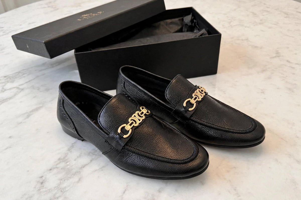 Black pebbled leather loafers with gold chain buckle-premium formal shoes for men