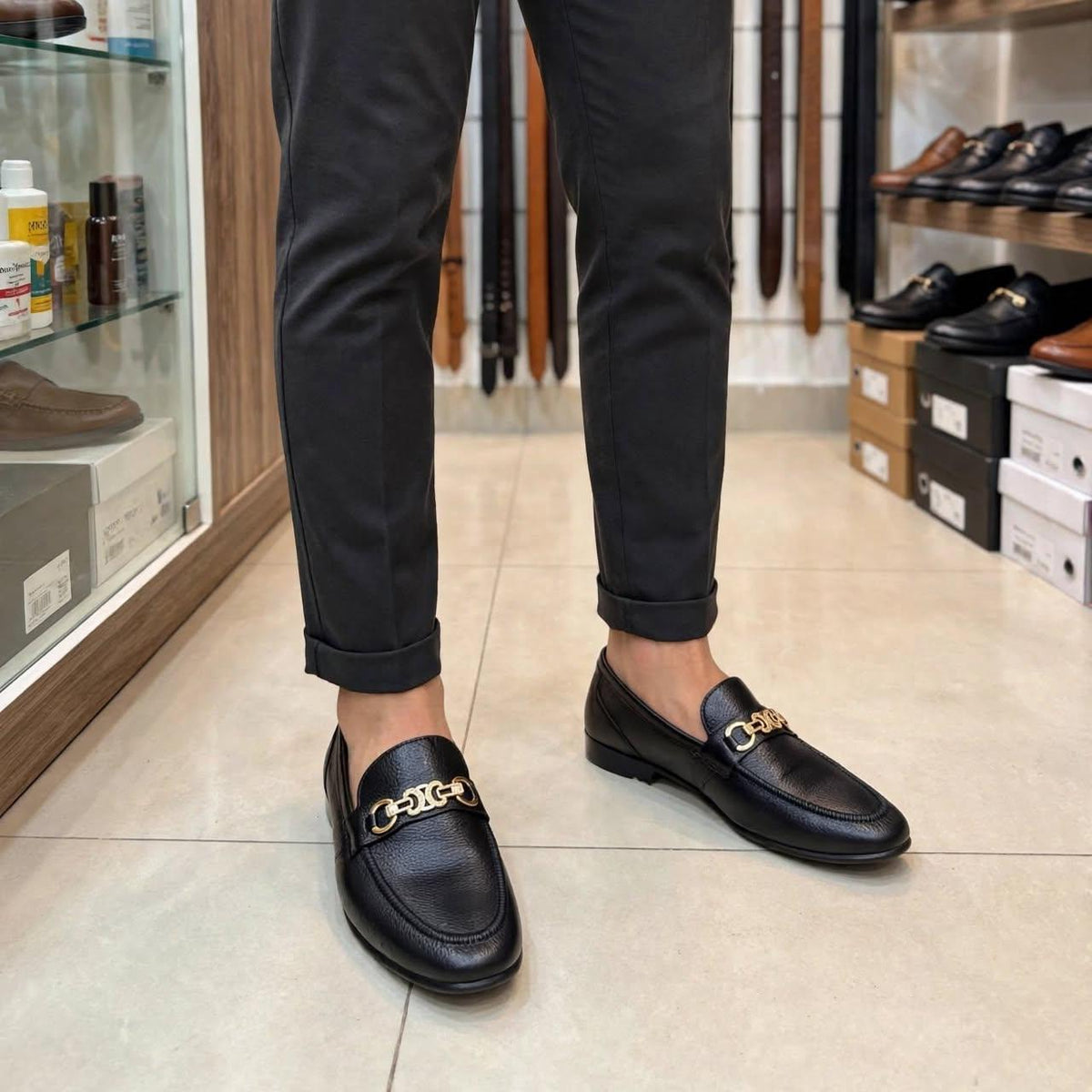 Black pebbled leather loafers with gold chain buckle-premium formal shoes for men